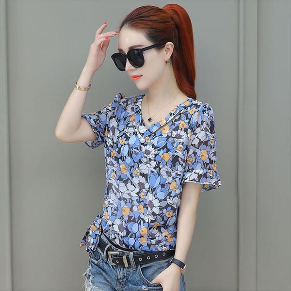

women spring summer style chiffon blouses shirts lady casual short flare sleeve v neck flower printed blusas df2911, White