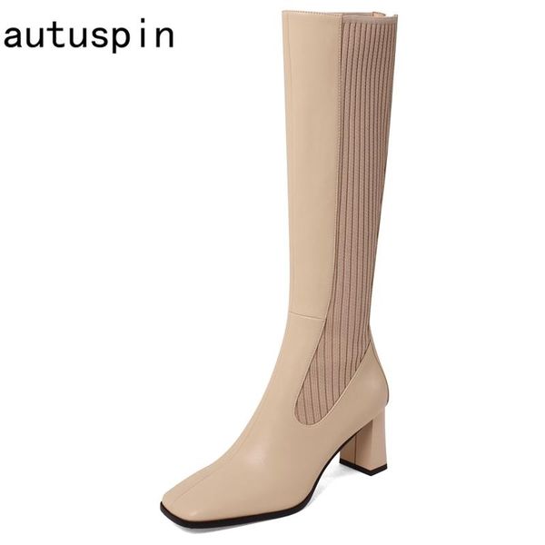 

autuspin ladies fashion knitting slim long boots winter concise leather high heels women office safety party boots black