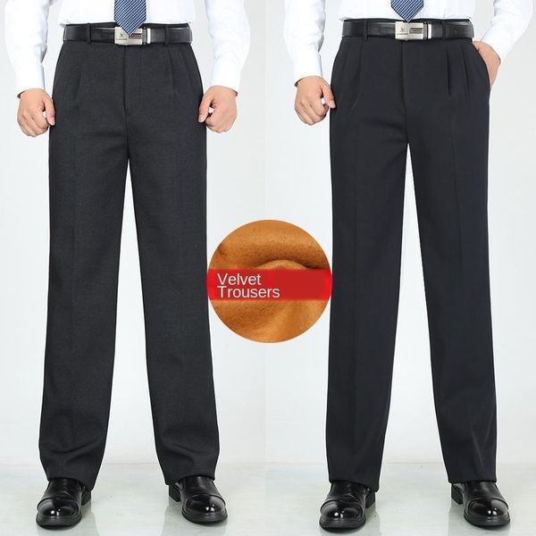 

icpans straight loose double pleated fleece winter dress pants office business formal trousers for men suit pants big size1, White;black