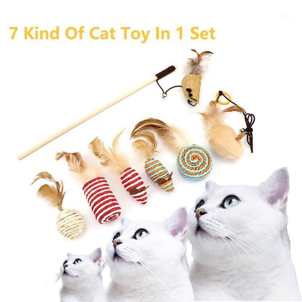 

cat toys 7set toy interactive feather mouse stick fishing game wand pet supplies accessory small bell rolling ball kitten1