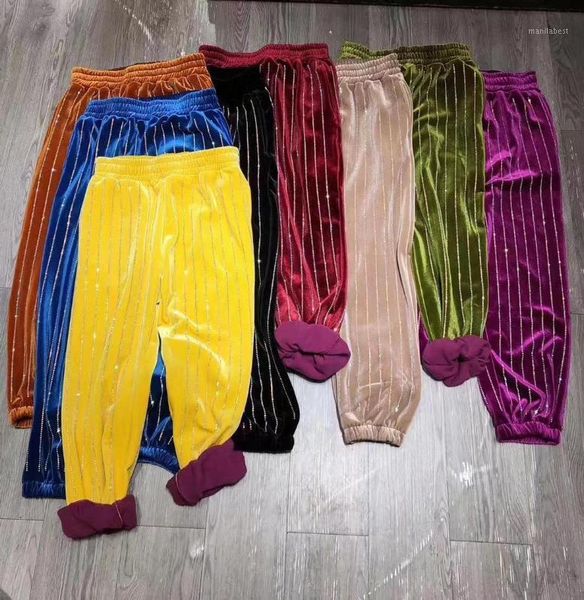 

european 2020 new winter plus thick velvet pants women heavy industry rhinestone color gold velvet loose casual pants trousers1, Black;white