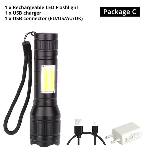 

waterproof rechargeable led flashlight t6 led cob 3 lighting modes torch support zoom side cob lamp suitable for campingetc. bbyucg