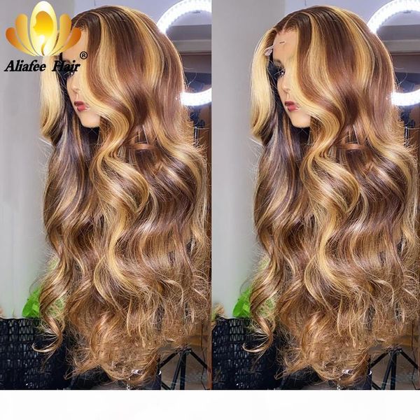 

aliafee peruvian loose deep wave wigs curly lace frontal human hair wigs honey blonde highlights lace wig pre plucked for women, Black;brown