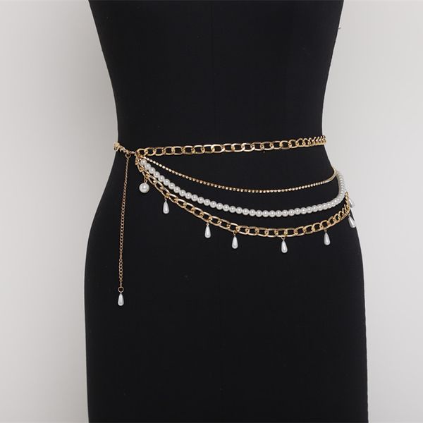 

new multi-layer pearl water diamond waist chain women's dress with metal tassel, decorative fashion ins thin belt, Black;brown
