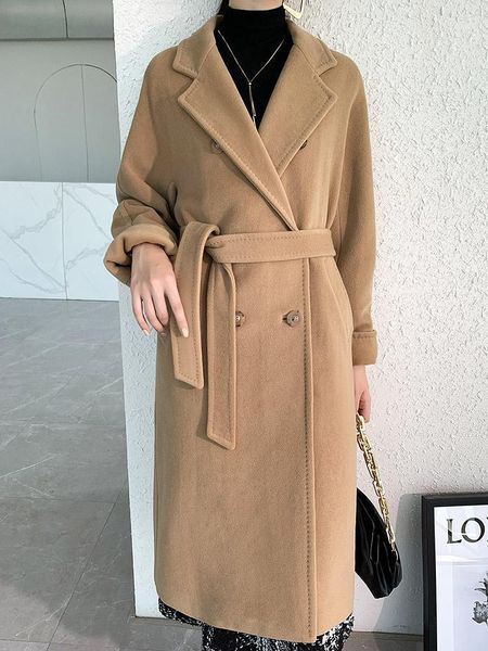 

90%lana vergine women elegant long wool coat with belt chic outerwear ladies overcoat autumn winter 20201, Black