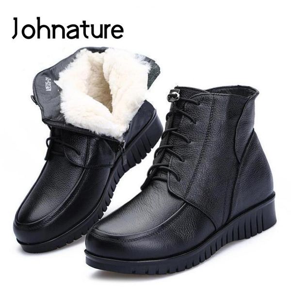 

johnature толстые женщины сапоги зимние из натуральной кожи женская обувь 2020 новый раунд носком zip handmade сжатый голеностопного платфор, Black