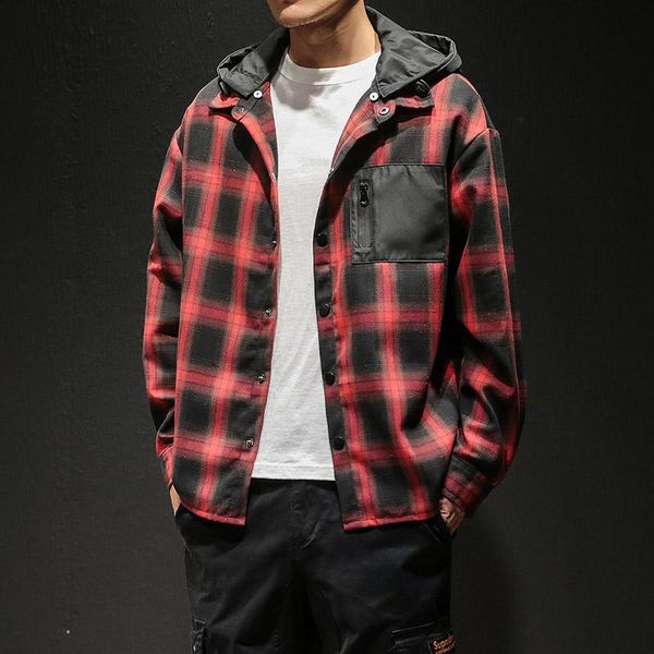 

korea style casual cardigan 2020 spring autumn rock punk hoodie plaid sweatshirt men's fleece hip hop streetwear clothes, Black