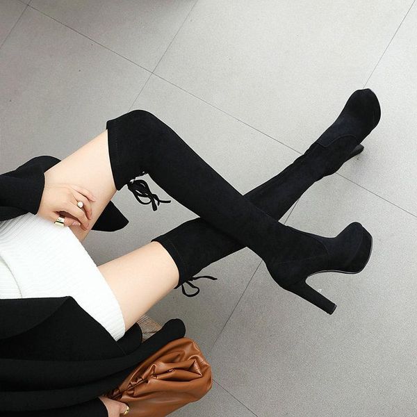 

size 34-43 new 2020 over the knee boots women faux suede thigh high boots platform stretch slim ladies women's winter1, Black
