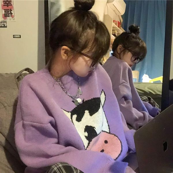 

autumn 2021 and winter beautiful new jacquard calf loose lazy wind long female student mesh sweater 92zl, White;black