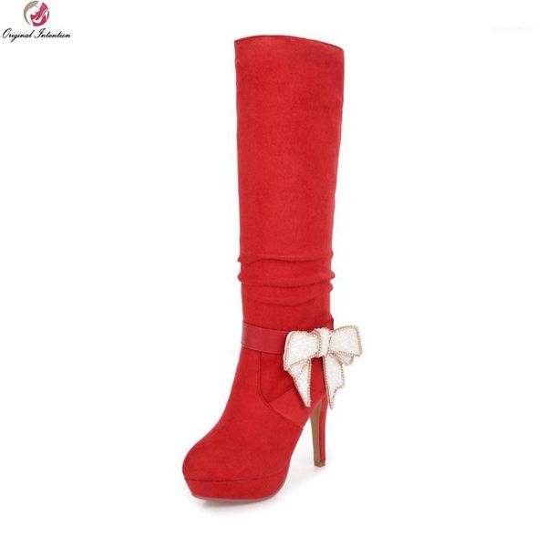 

original intention super elegant women knee high boots round toe thin heels boots beautiful black red shoes woman us size 3-8.51