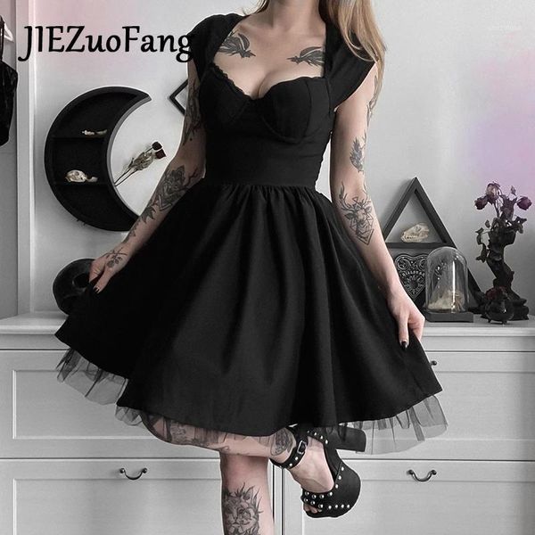 

jiezuofang gothic lolita leisure dress for girls fashion casual short sleeve streetwear elegant lace border dress for women1, Black;gray