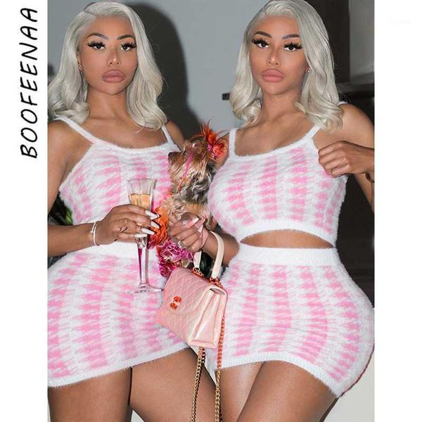

boofeenaa pink houndstooth 2 piece outfits for women fashion clothes clubwear sweater two piece short skirt sets c66-571, White