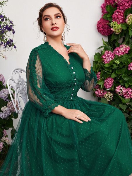 

plus contrast lace mesh overlay a-line dress 708w#, Black