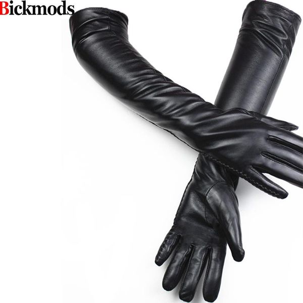 

five fingers gloves long leather female side lace style sheepskin over 50 cm elbow length thin velvet lining warm black, Blue;gray
