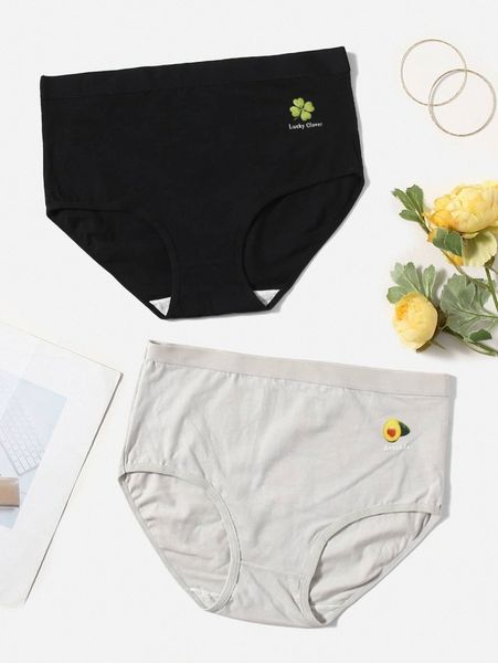 

2pack plus clover & fruit print panty x1vb#, Black;white