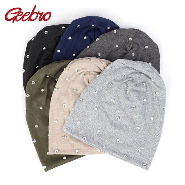 

beanie/skull caps geebro fashion women's beanie hat solid color casual polyester pearls beanies for girls skullies hats bonnet female, Blue;gray
