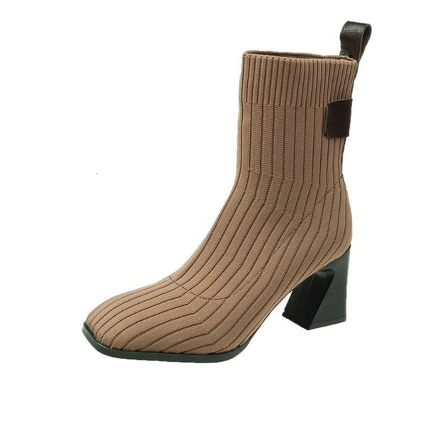 

women knitted ankle boots heel slip on square toe high heels office ladies fashion 2021 new 6jpu, Black