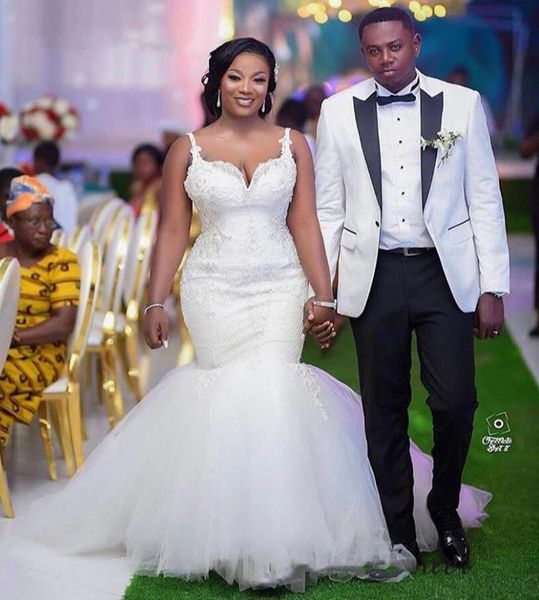 

2021 straps white mermaid wedding dresses africa new fashion elegant bride marriage gowns lace appliques on neck with beading