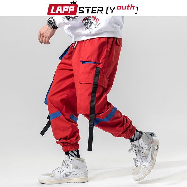 

lappster men ribbons cargo pants 2020 overalls mens streetwear harem pants patchwork sweatpants hip hop track pants trousers 5xl lj201007, Black