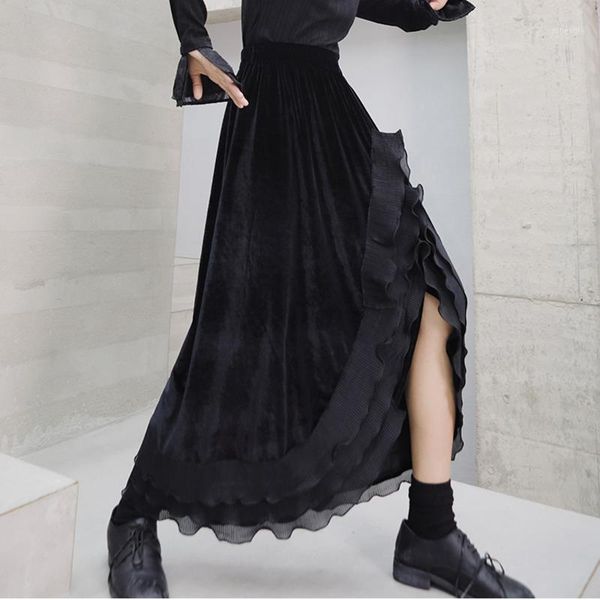 

solid color split lace splice design skirt women streetwear loose velvet irregular a-line bottom 2020 new spring v5001, Black