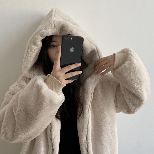 

women's fur & faux 2021 winter loose thick imitation mid-length hooded coat women, Black