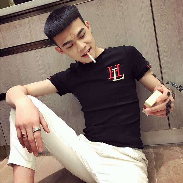 

2020 new men's summer t-shirt, personalized embroidery, slim fitting, considerate of social people, boy, fashion short, White;black