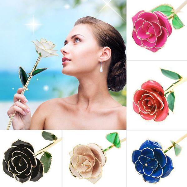 

dropshipping 24k gold dipped rose flower artificial flowers eternal rose with stand forever love in box birthday gift for girls1