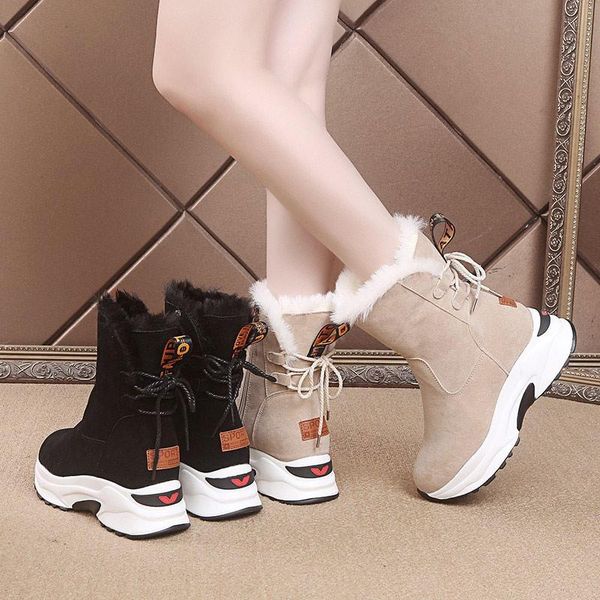 

women's winter ankle boots ladies warm plush shoes zippers thick heels square platform lace up women female footwear flat, Black