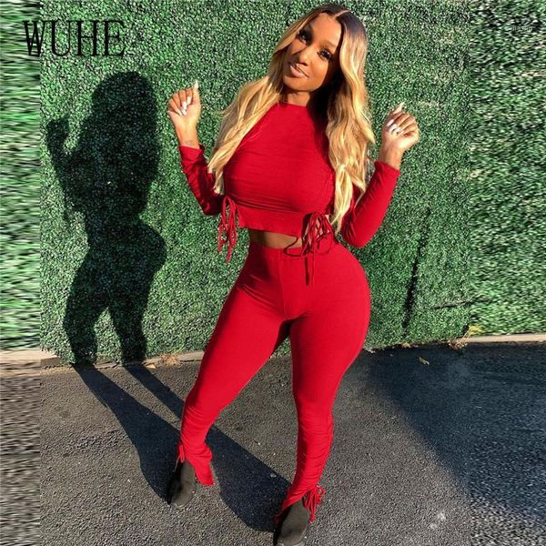 

wuhe two piece casual elastic hight ruched long sleeve drawstring ribbed crop stacked sweatpant matching costume1, Gray
