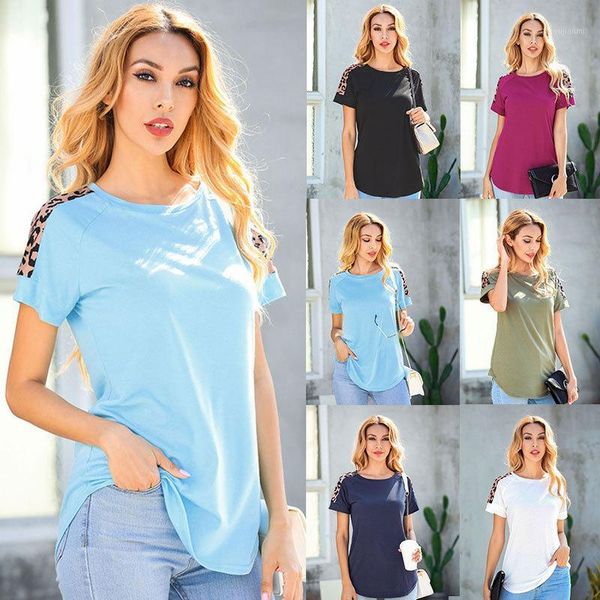 

women's shoulder leopard stitching casual t-shirt 2020 european and american o-neck raglan short sleeve slim, White