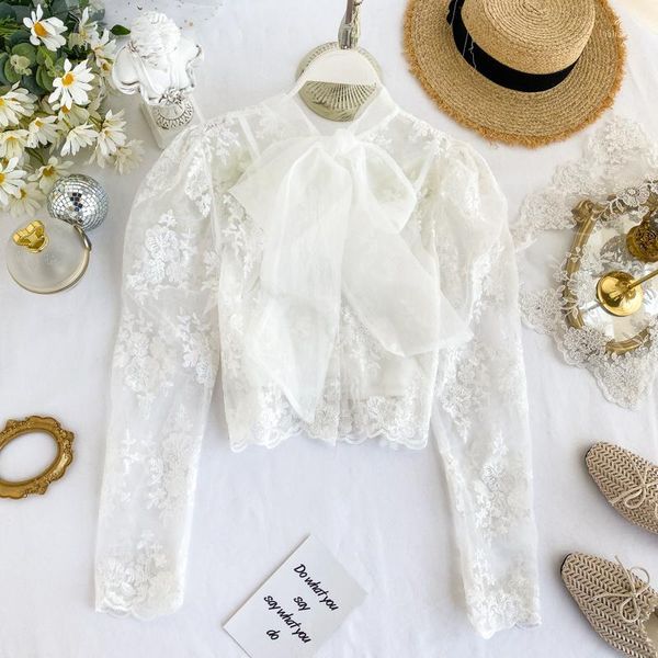 

women retro court shirt lady bow neck long sleeve see-through short elegant blusas femininas blouse k4271, White