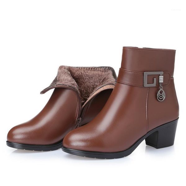 

boots aiyuqi 2021 genuine leather women's warm booties winter brown ladies heel fashion villus1, Black