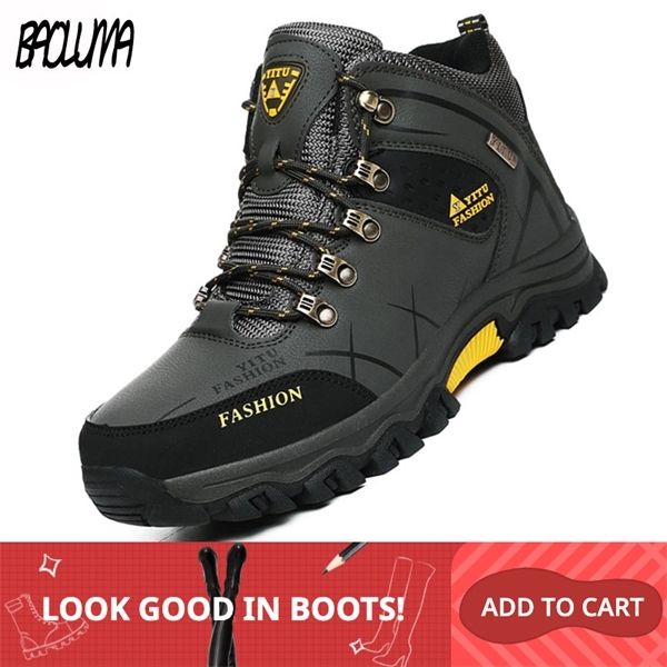 

brand men's snow winter warm leather waterproof men sneakers outdoor breathable hiking boots work shoes c1108, Black