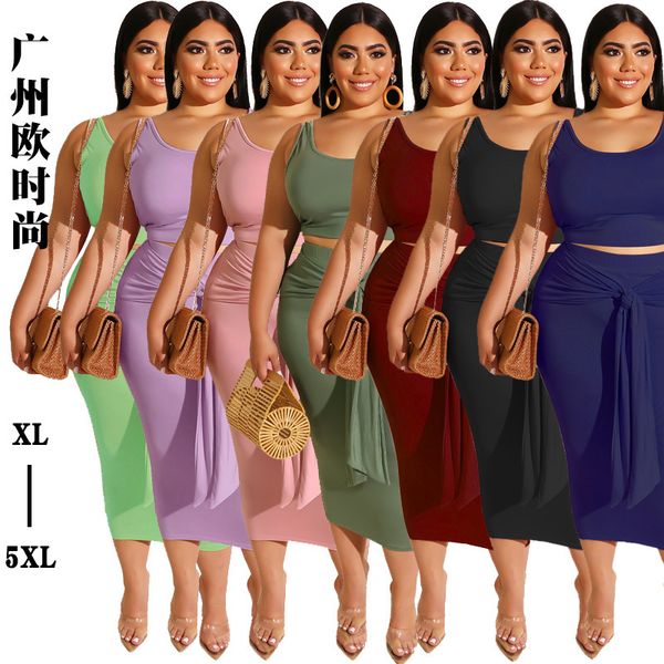 

designer 2021 dresses tight buttocks bandage plus size casual women two piece suit clothing ladies woman for models xl-5xl, Black;gray