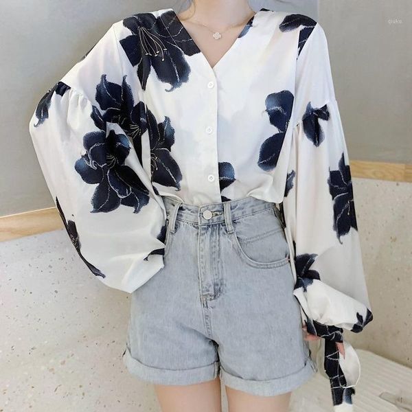 

deeptown korean style shirts women autumn 2020 harajuku print women blouses loose long sleeve button up shirt v-neck ladies 1, White
