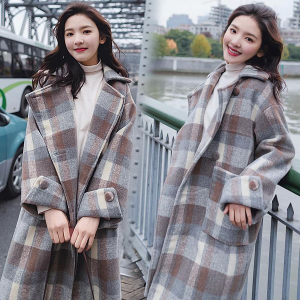 

quilted thick plaid woolen coat women's mid-length coat college wind nizi clothes autumn and winter small, Black