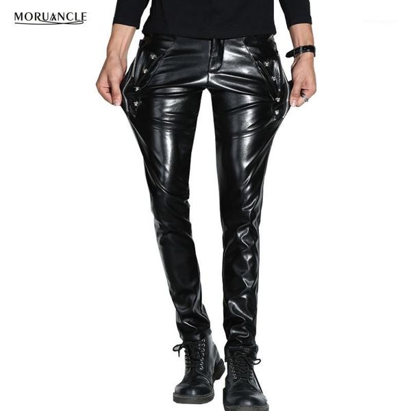 

wholesale- moruancle men skinny faux pu leather pants shiny black trouser nightclub stage performance singers dancer suede joggers stretchy1