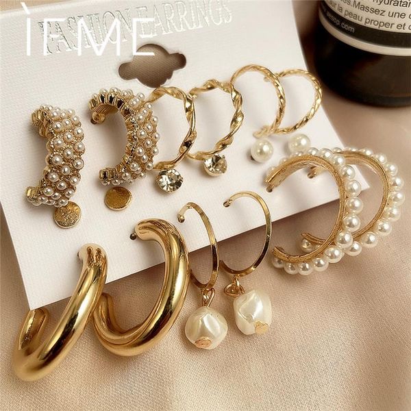 

hoop & huggie if me vintage gold earrings set for women girl pearl circle earring big piercing brinco fashion jewelry 2021 gifts, Golden;silver
