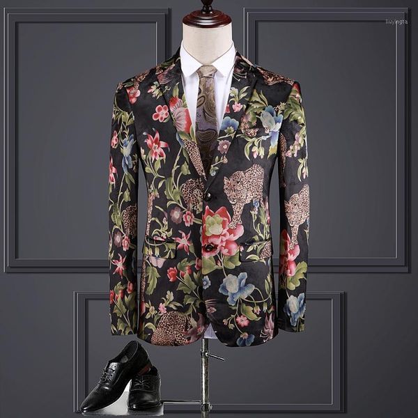 

court style men blazer slim fit floral printing british style jacket singer prom costume nightclub party banquet coat elegent1, White;black