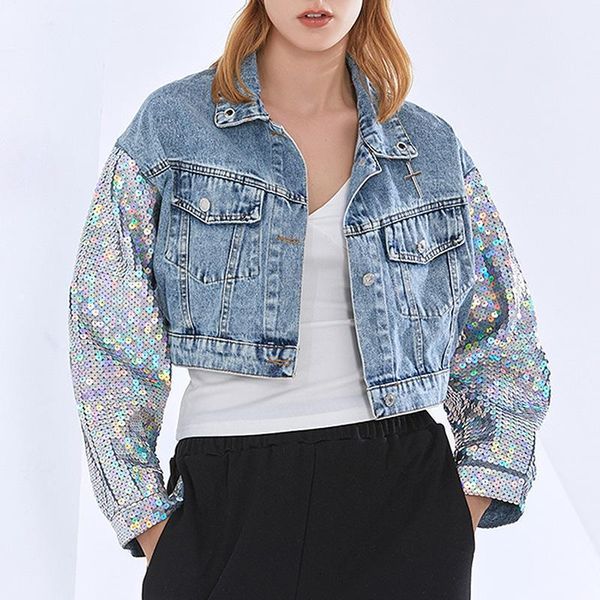 

casual women jackets 2021 spring new fashion sequins lantern sleeve cowboy patchwork short women coats1, Black;brown