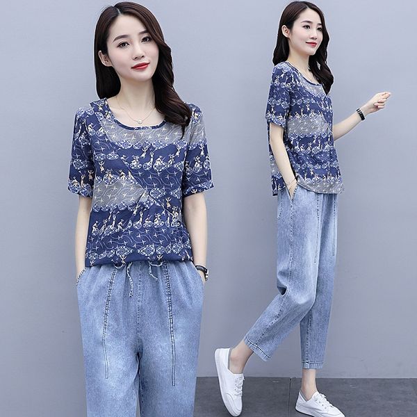 

2020 летом новых крупных женщин моды напечатаны сыпучих джинса setpants костюм брюки suittop два куска набор корейских джинсы набор для женщ, Gray