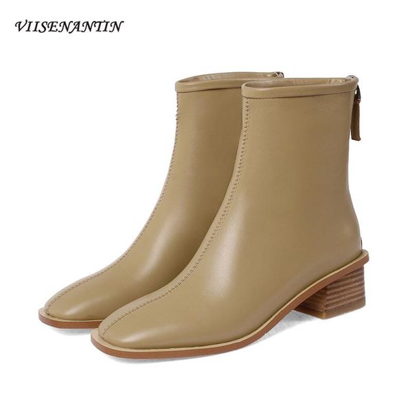 

2020 new fashion leather mid-heel zipper short boots women korean style square toe thick and thin all-match ankle women boots, Black