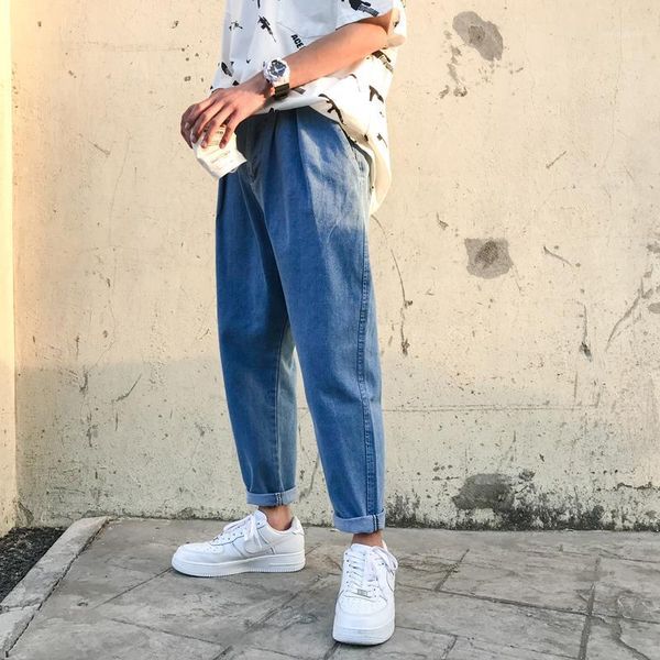 

denim jeans men 2021 solid blue soft jeans men slim fit for streetwear hombre straight loose denim pants male trousers1
