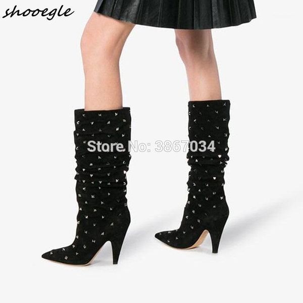 

shooegle stylish fashion women rivets studs knee high boots pointed toe spike heels pleated leather shoes slipon motorcycle bota1, Black