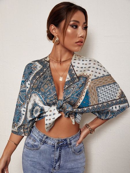 

scarf print tie front crop l0e6#, White
