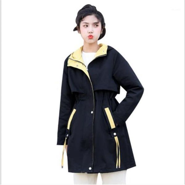 

fashion women trench coat spring autumn 2020 streetwear medium-long coat female long sleeve slim hooded winbreak overcoat m4201, Tan;black