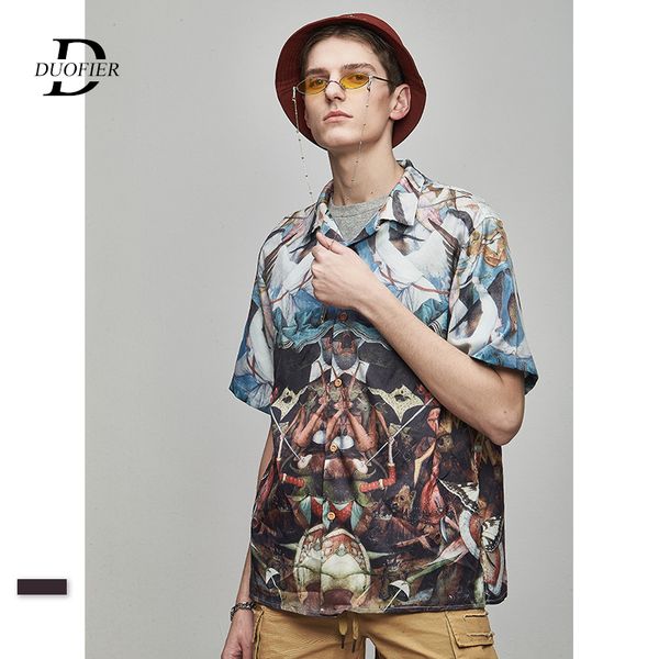 

2019 новый модные мужские рубашки с коротким рукавом лето абстрактной живописи гавайке мужской повседневный streetwear harajuku рубашки боль, White;black