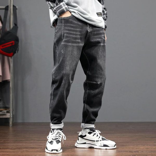 

fashion streetwear men jeans loose fit spliced designer denim harem pants homme wide leg trousers korean style hip hop jeans men, Blue