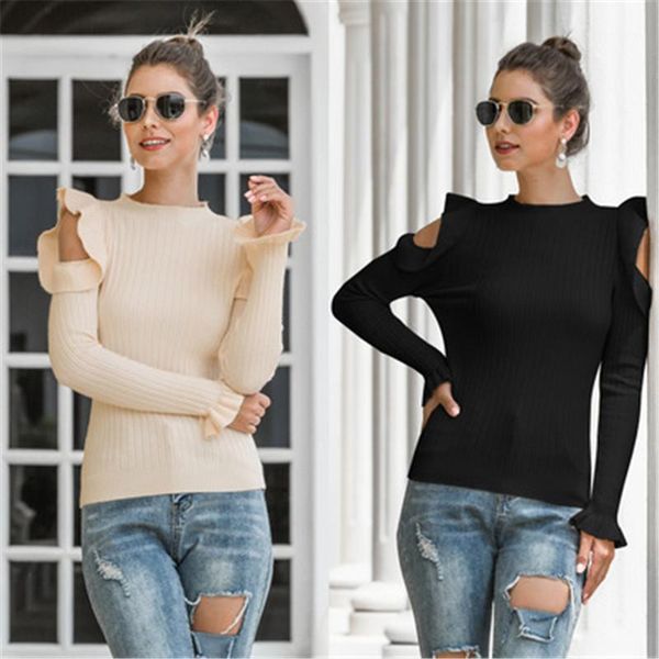 

tee fashion womens leaky shoulder ruffle tshirts designer new female long sleeve loose casual slim round neck core spun yarn knitting, White