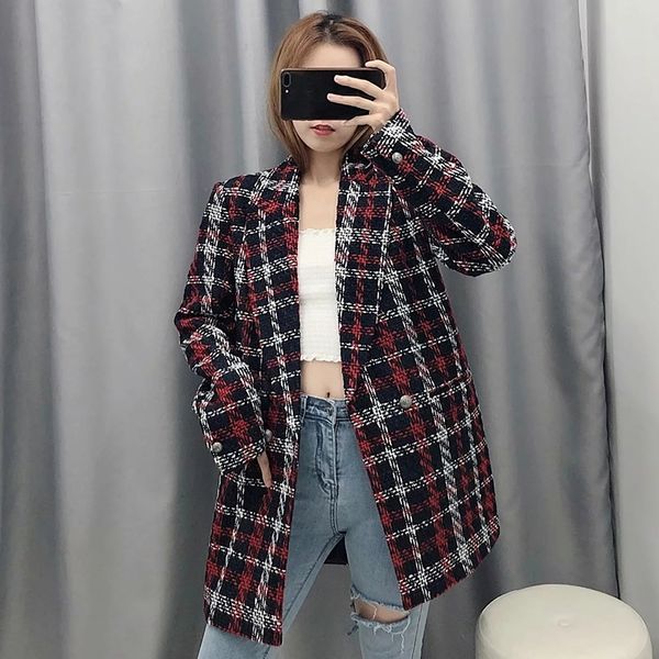 

women fashion tweed red plaid long jacket autumn-winter female long sleeve v-neck warm loose jackets outwear veste femme t200212, Black;brown
